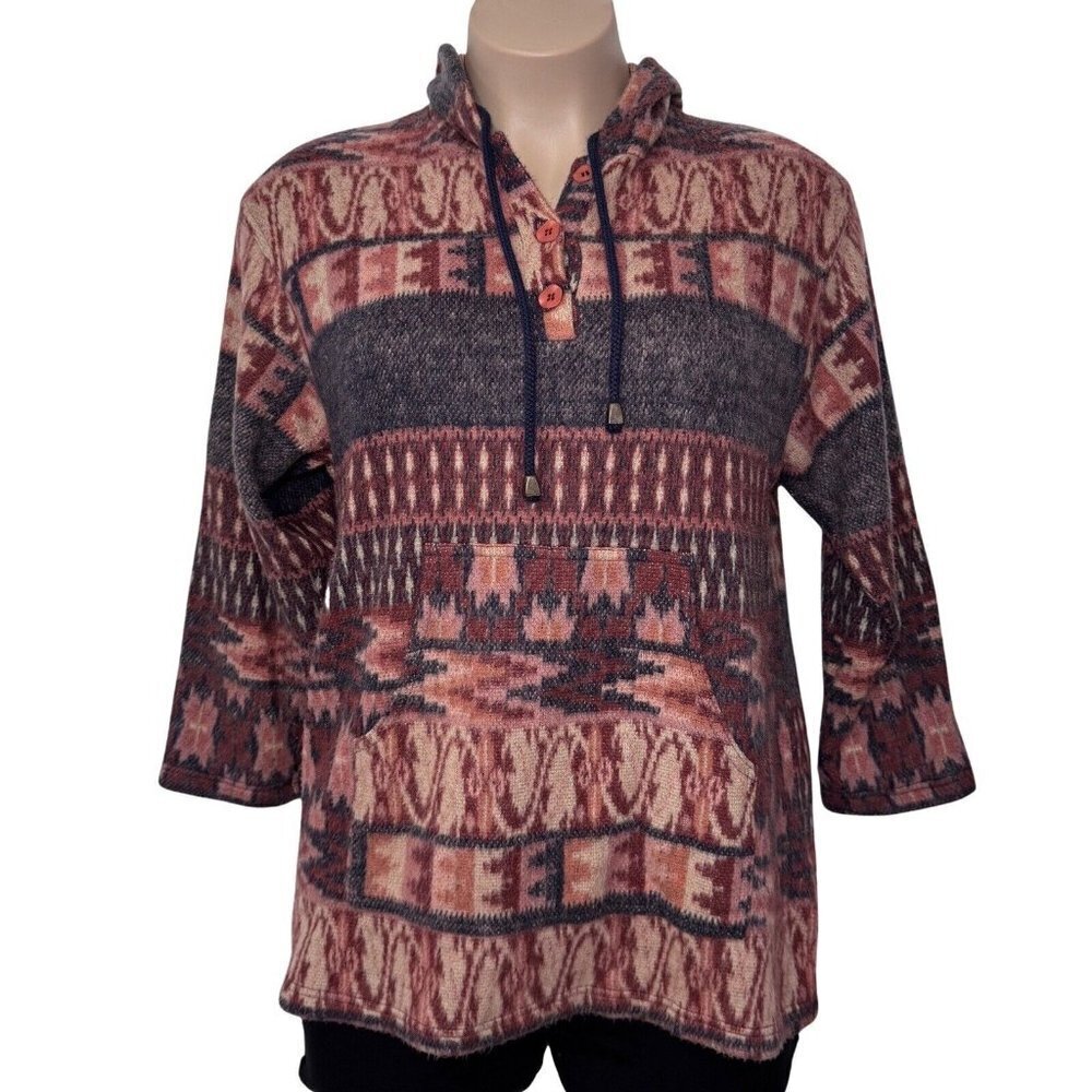 STYLE NEW YORK Button Neck Hoodie Women Medium Multicolor Asian Boho‎ Streetwear